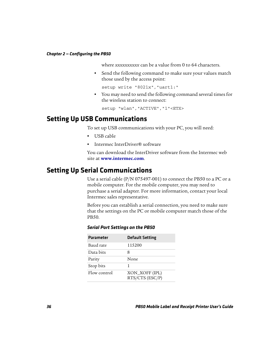 Setting up usb communications, Setting up serial communications | Intermec PB50 User Manual | Page 46 / 72