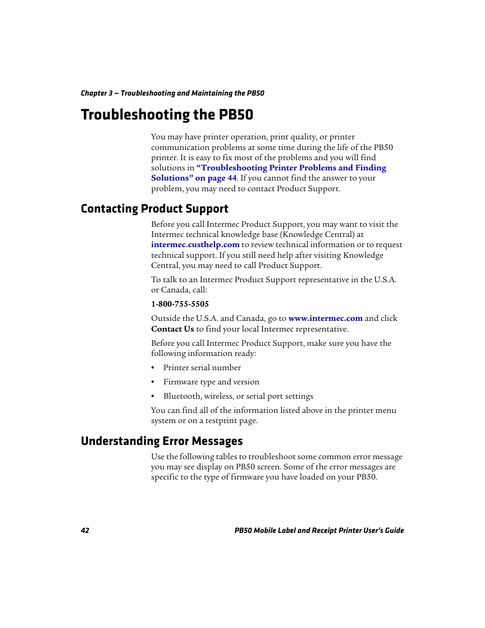 Troubleshooting the pb50, Contacting product support, Understanding error messages | Understanding error | Intermec PB50 User Manual | Page 52 / 72