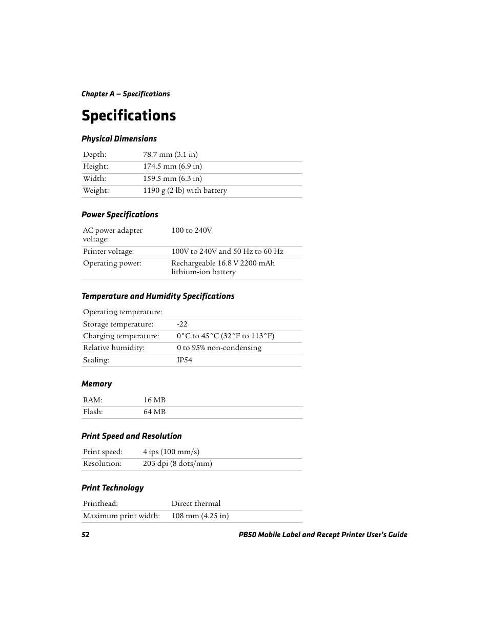 Specifications | Intermec PB50 User Manual | Page 62 / 72