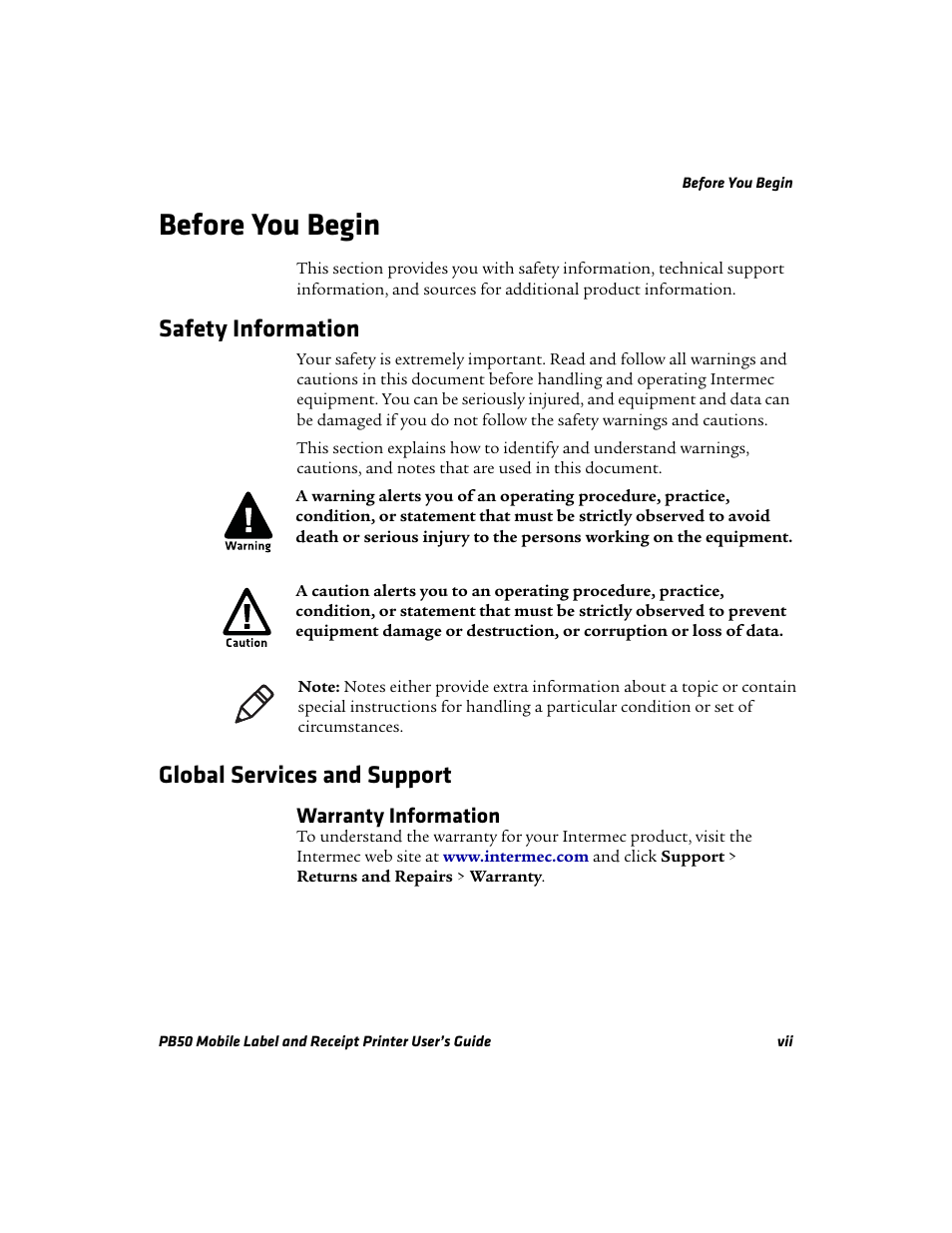 Before you begin, Safety information, Global services and support | Warranty information | Intermec PB50 User Manual | Page 7 / 72