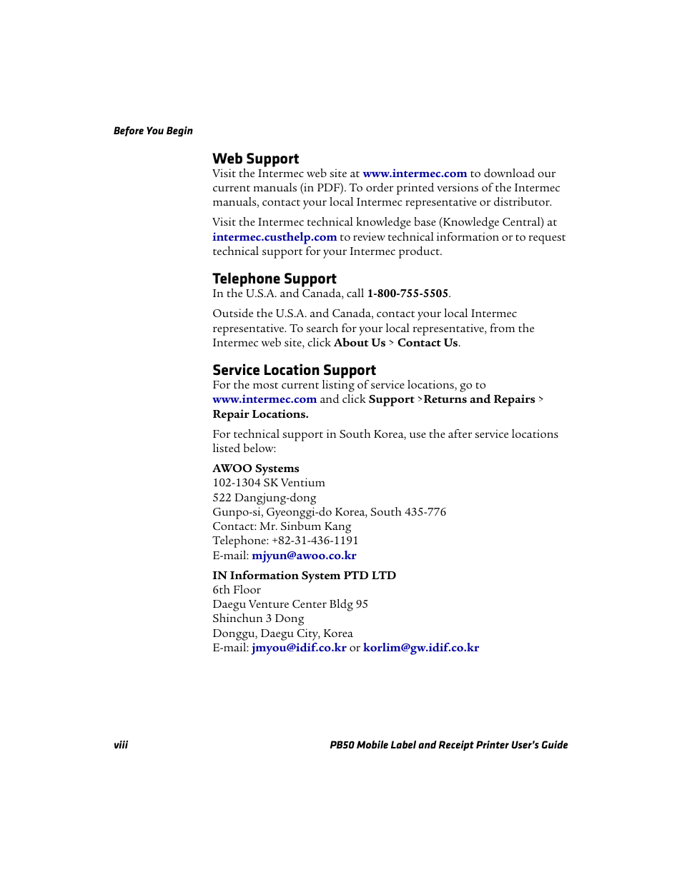 Web support, Telephone support, Service location support | Intermec PB50 User Manual | Page 8 / 72