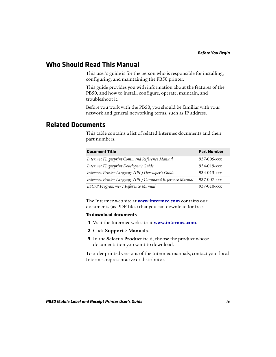 Who should read this manual, Related documents | Intermec PB50 User Manual | Page 9 / 72