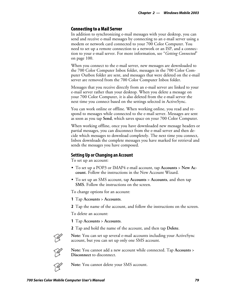 Connecting to a mail server, Setting up or changing an account | Intermec 700 User Manual | Page 103 / 452