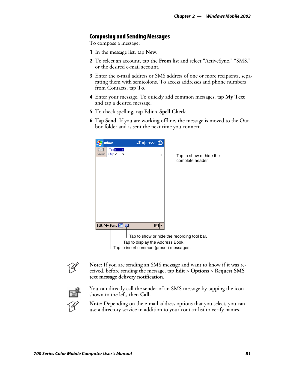 Composing and sending messages | Intermec 700 User Manual | Page 105 / 452