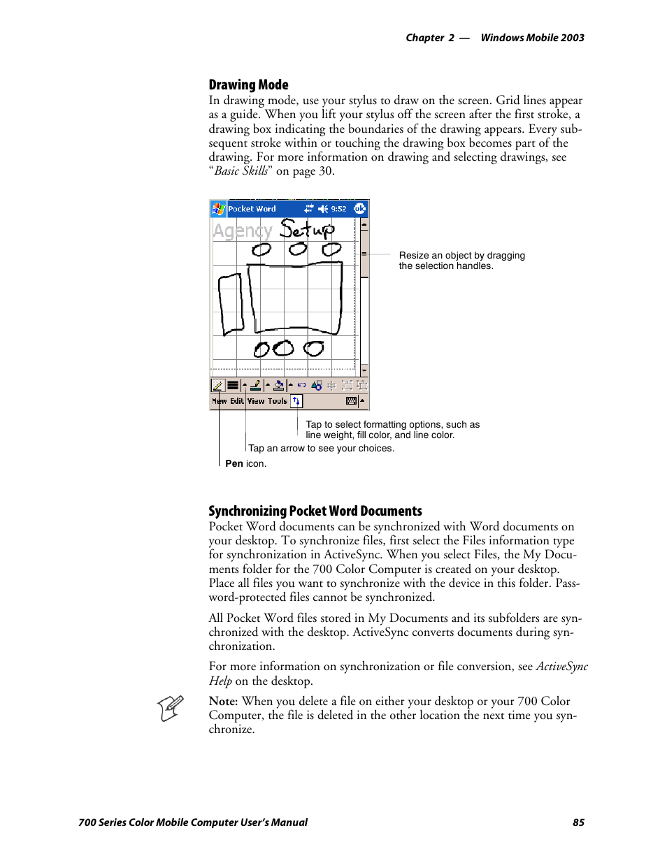 Drawing mode, Synchronizing pocket word documents | Intermec 700 User Manual | Page 109 / 452
