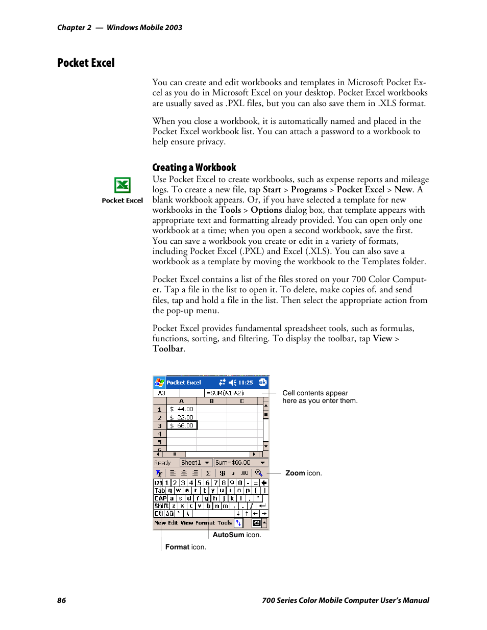 Pocket excel, Creating a workbook | Intermec 700 User Manual | Page 110 / 452