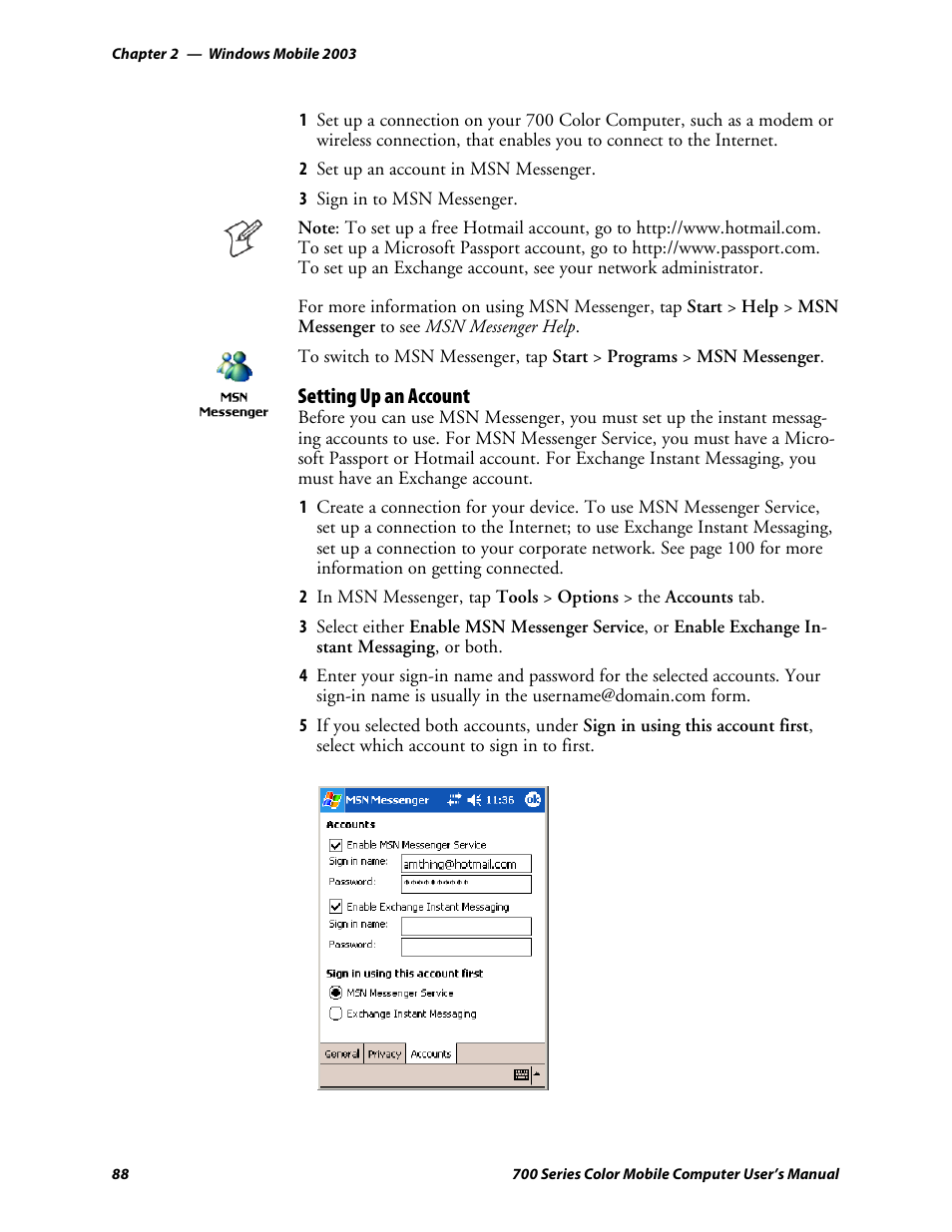 Setting up an account | Intermec 700 User Manual | Page 112 / 452
