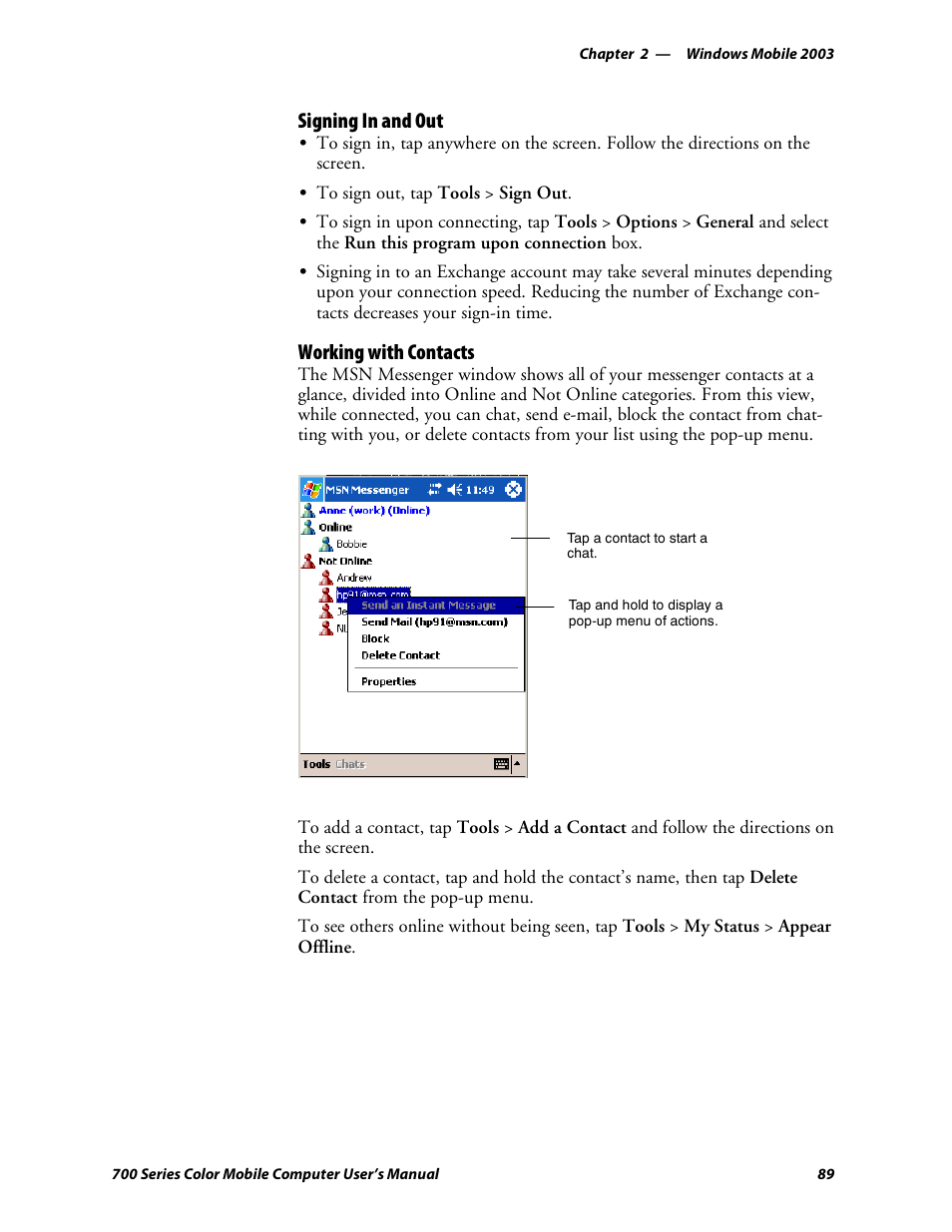 Signing in and out, Working with contacts | Intermec 700 User Manual | Page 113 / 452