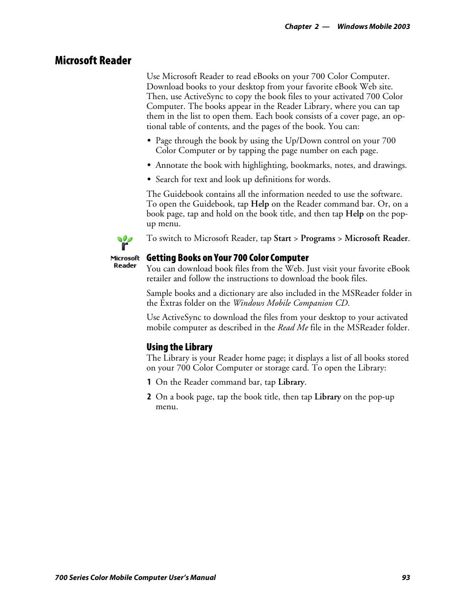 Microsoft reader, Getting books on your 700 color computer, Using the library | Intermec 700 User Manual | Page 117 / 452