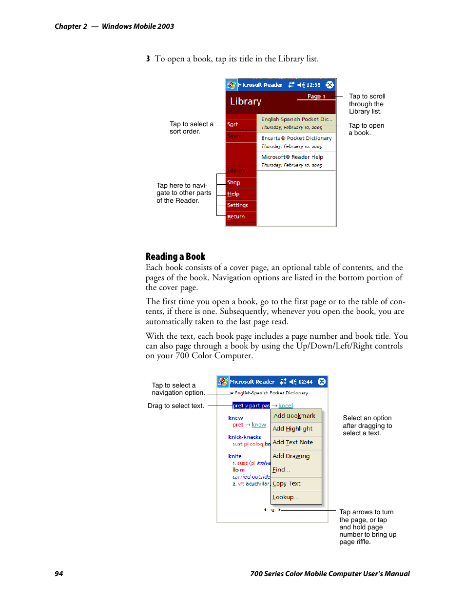 Reading a book, 3to open a book, tap its title in the library list | Intermec 700 User Manual | Page 118 / 452