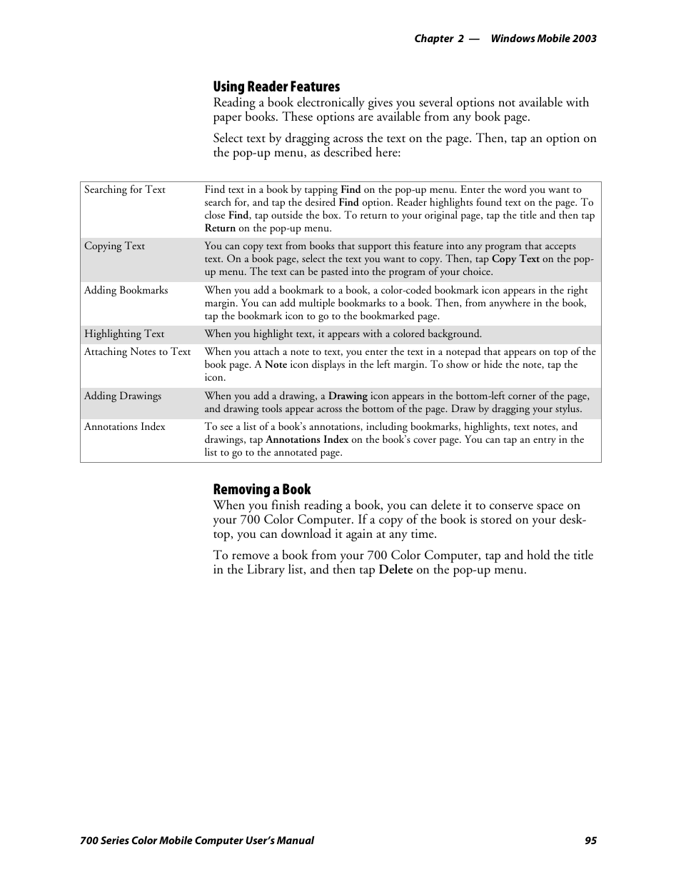 Using reader features, Removing a book | Intermec 700 User Manual | Page 119 / 452