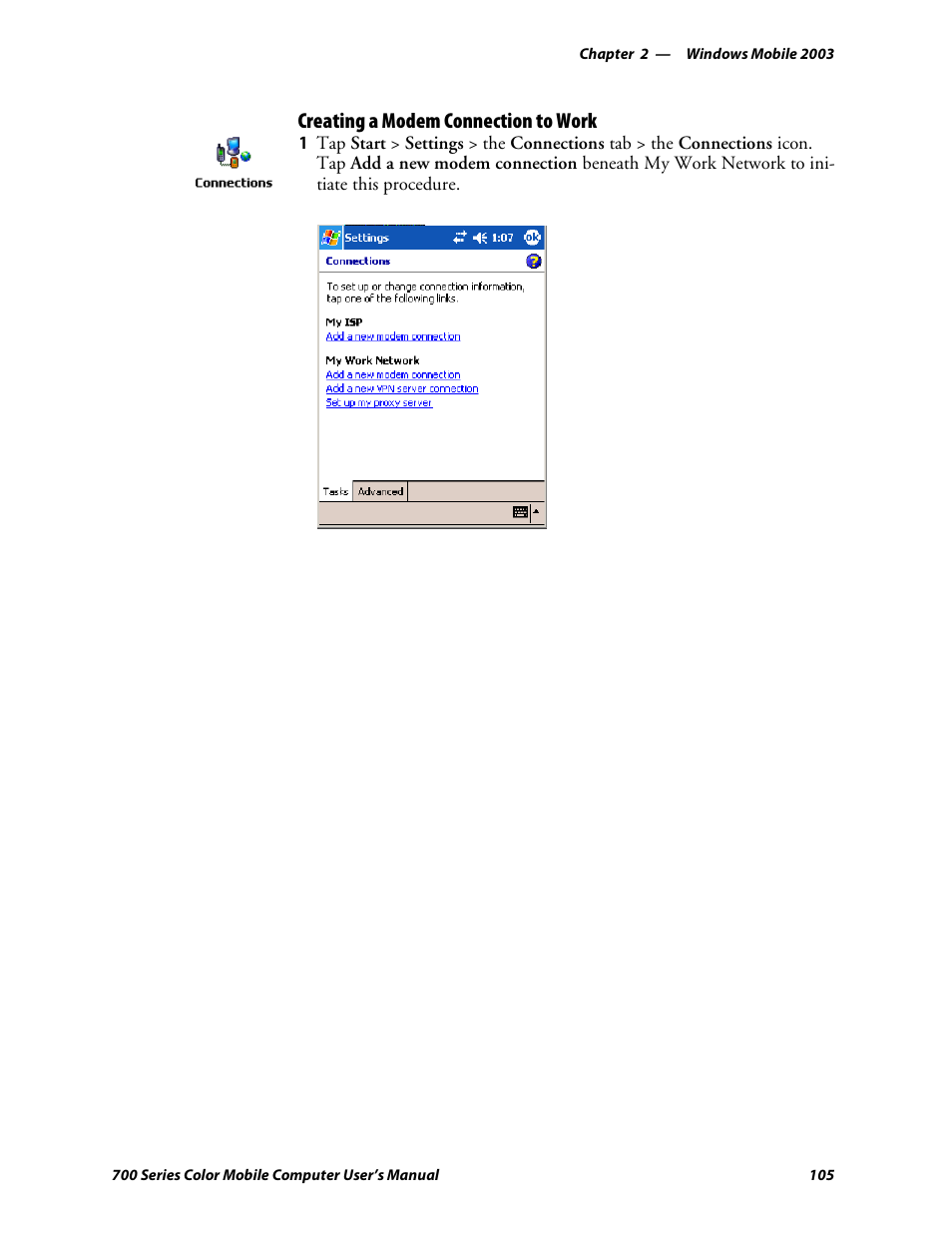 Creating a modem connection towork, Creating a modem connection to work | Intermec 700 User Manual | Page 129 / 452