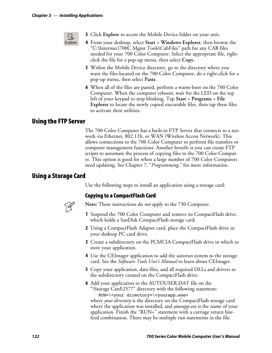 Using the ftp server, Using a storage card, Copying to a compactflash card | Intermec 700 User Manual | Page 146 / 452