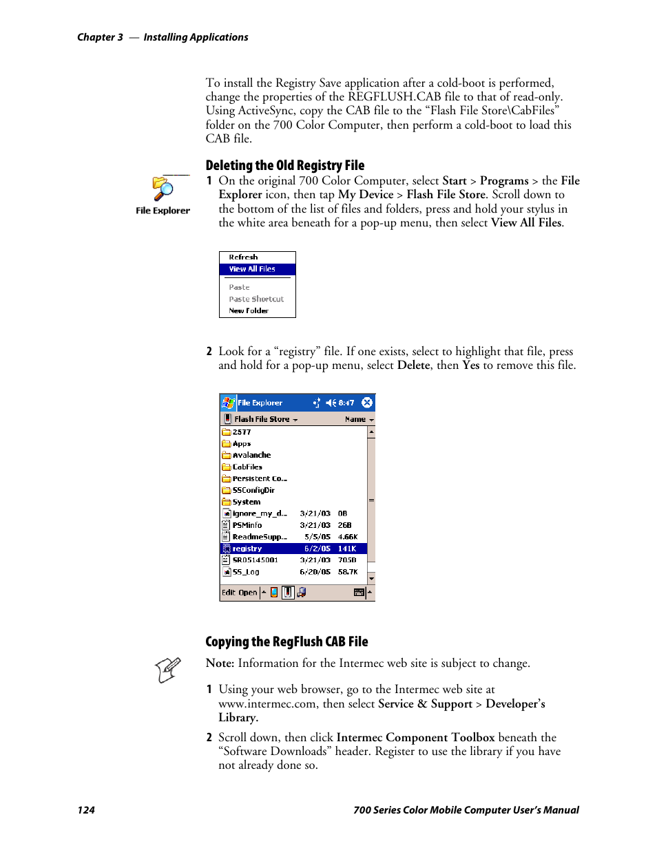 Deleting the old registry file, Copying the regflush cab file | Intermec 700 User Manual | Page 148 / 452