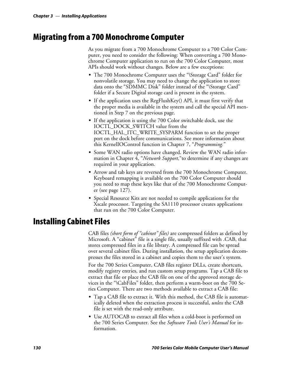 Migrating from a 700 monochrome computer, Installing cabinet files | Intermec 700 User Manual | Page 154 / 452