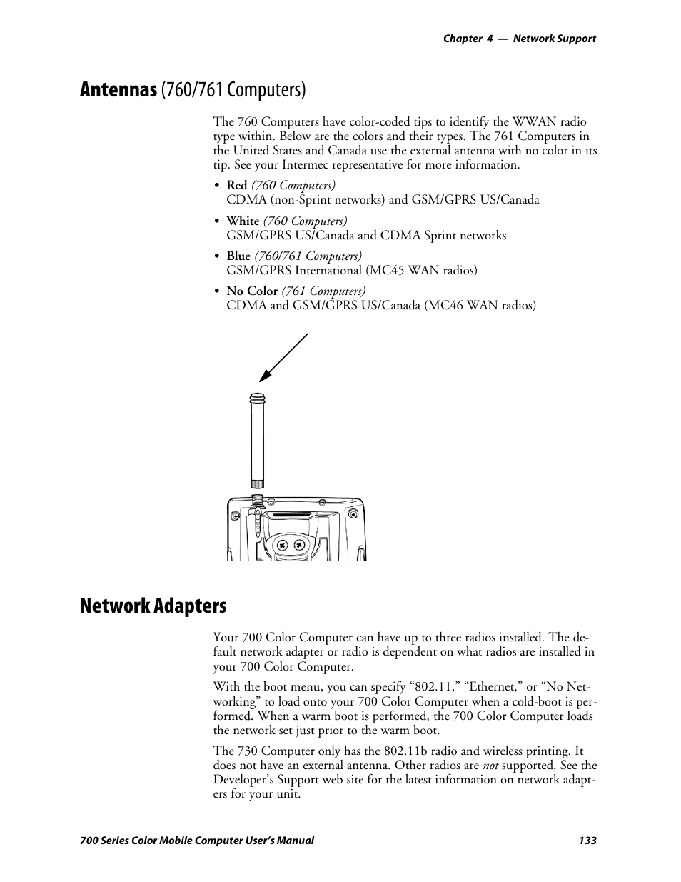 Antennas (760/761 computers), Network adapters | Intermec 700 User Manual | Page 157 / 452