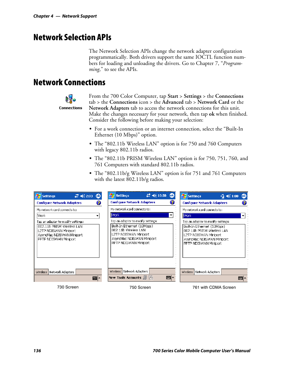 Network selection apis, Network connections | Intermec 700 User Manual | Page 160 / 452