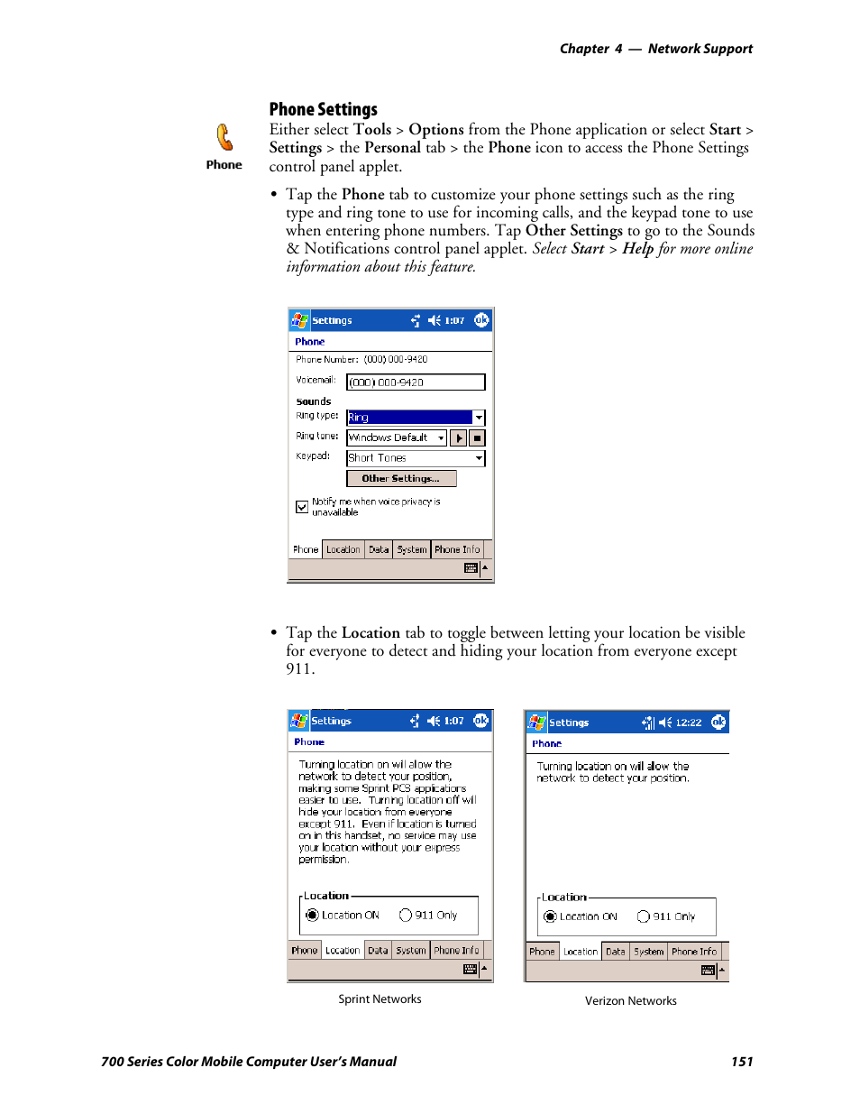 Phone settings | Intermec 700 User Manual | Page 175 / 452