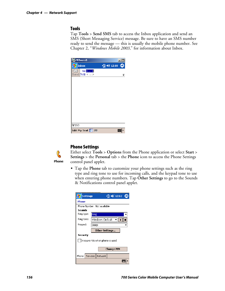 Tools, Phone settings | Intermec 700 User Manual | Page 180 / 452