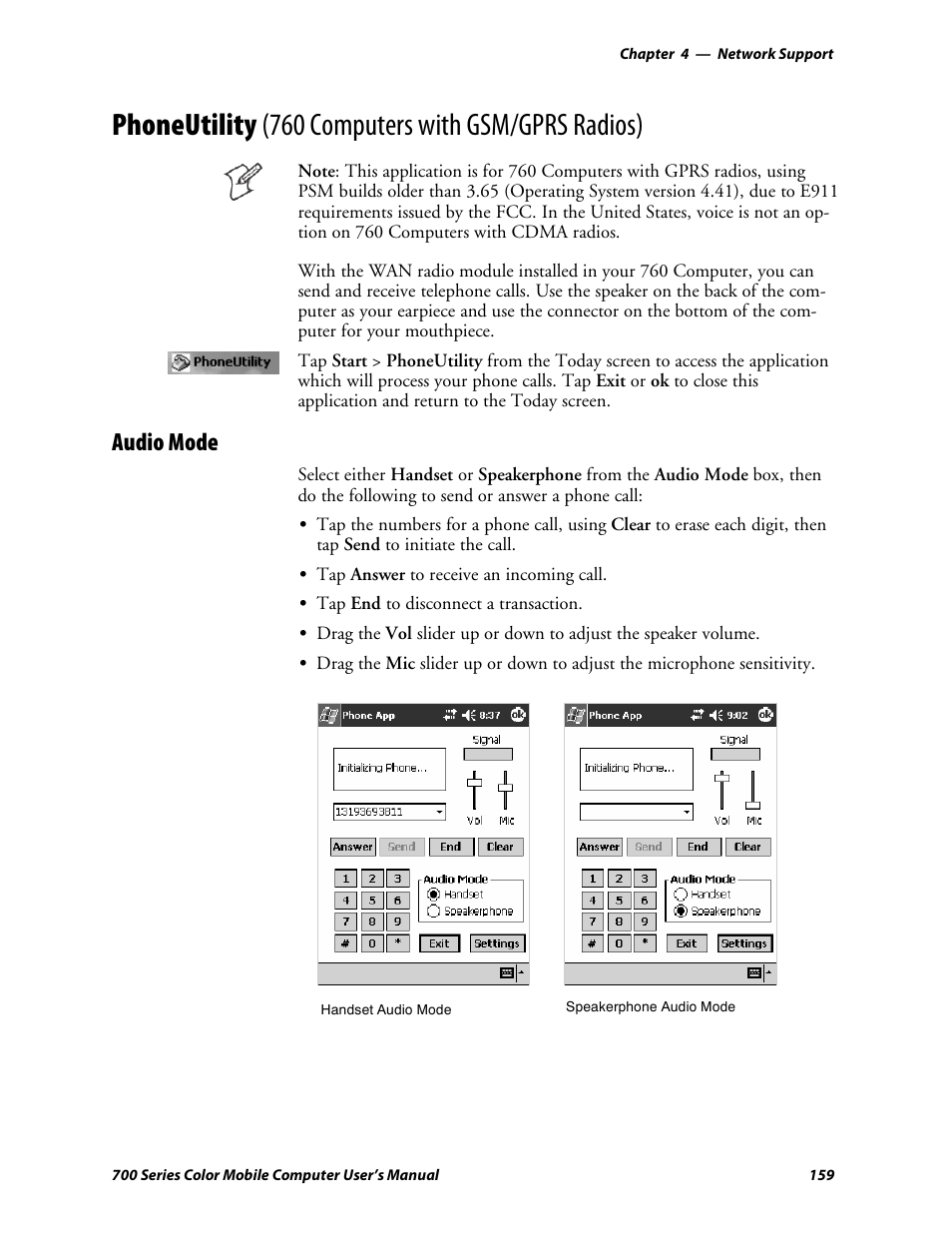 Phoneutility (760 computers with gsm/gprs radios), Audio mode | Intermec 700 User Manual | Page 183 / 452