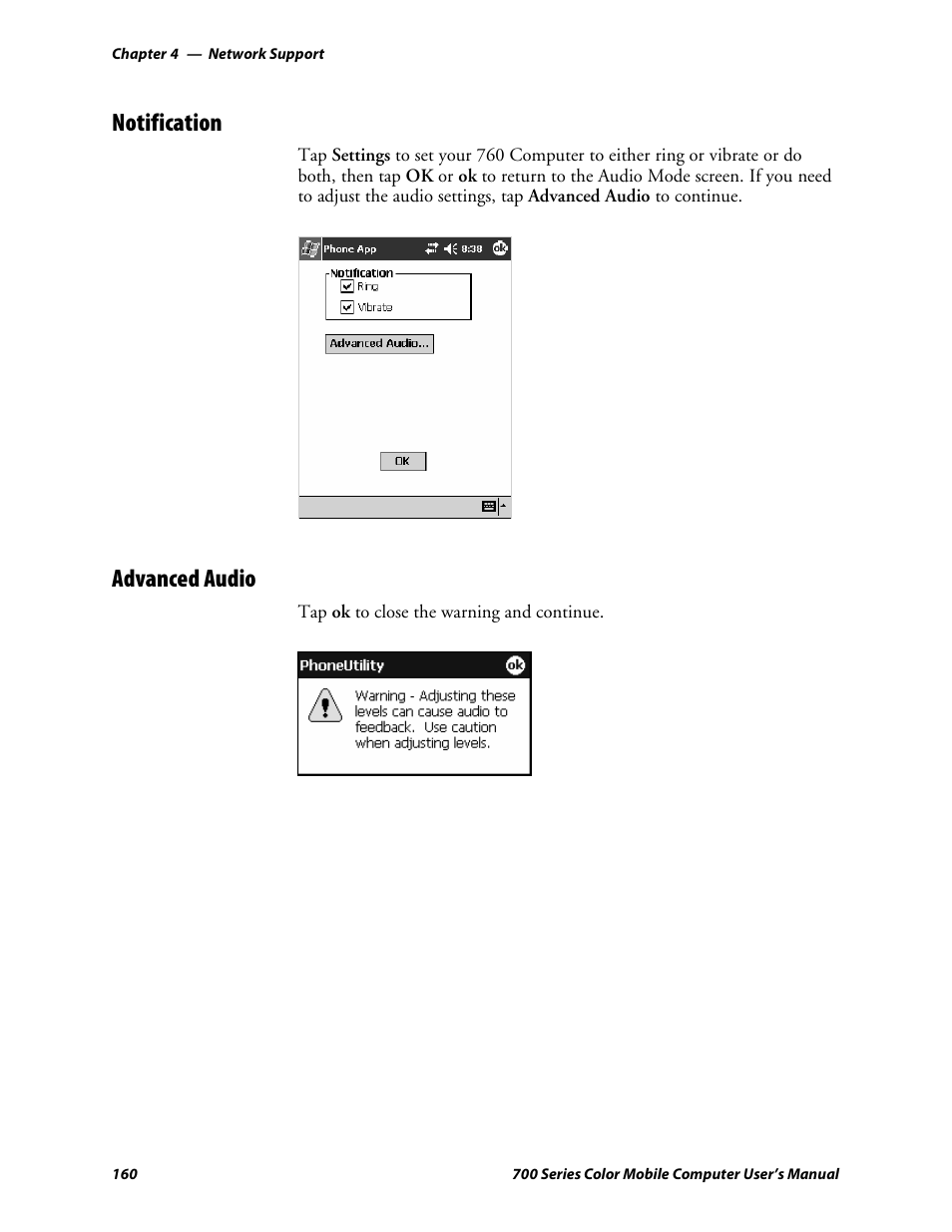 Notification, Advanced audio | Intermec 700 User Manual | Page 184 / 452