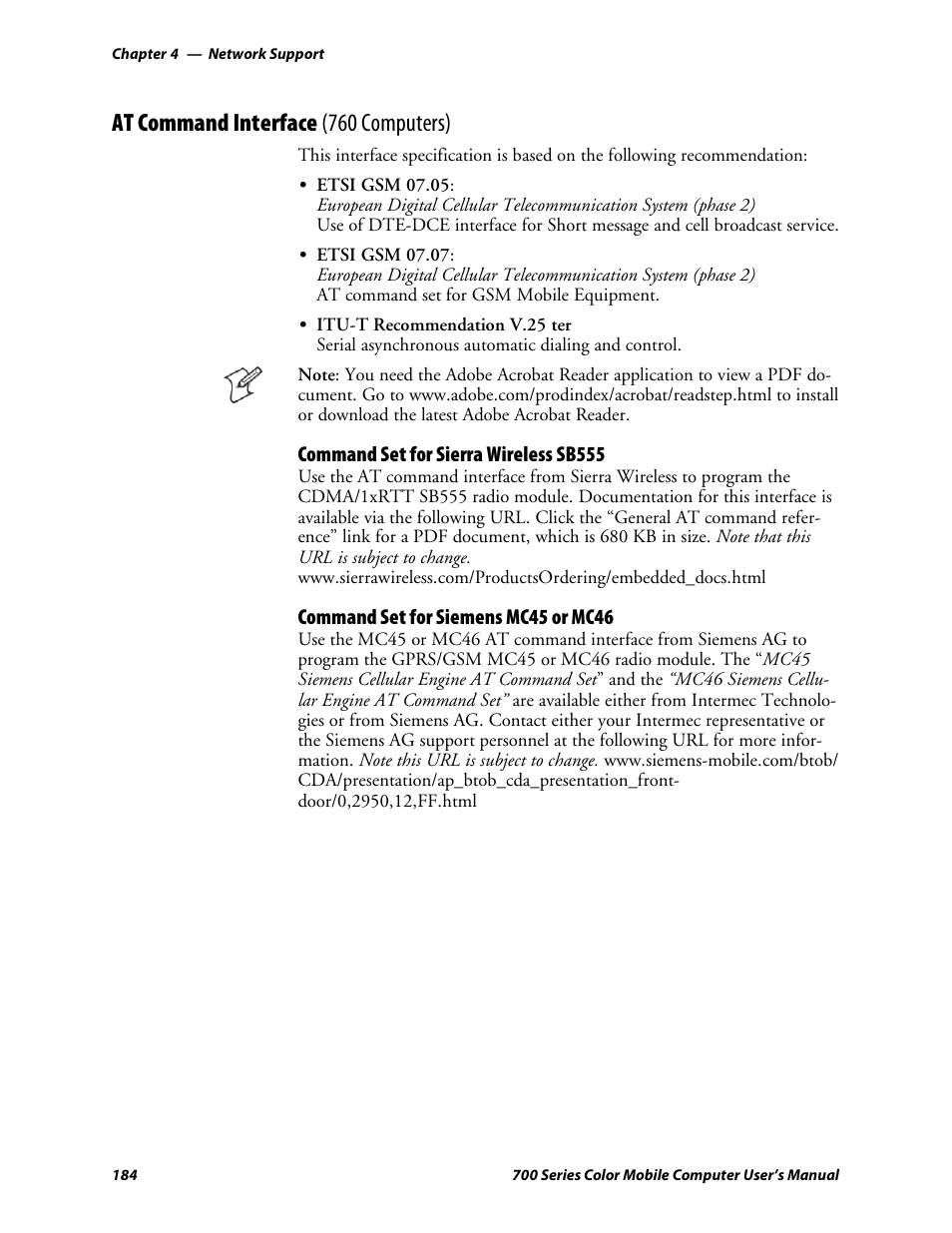 At command interface (760 computers), Command set for sierra wireless sb555, Command set for siemens mc45 ormc46 | Intermec 700 User Manual | Page 208 / 452