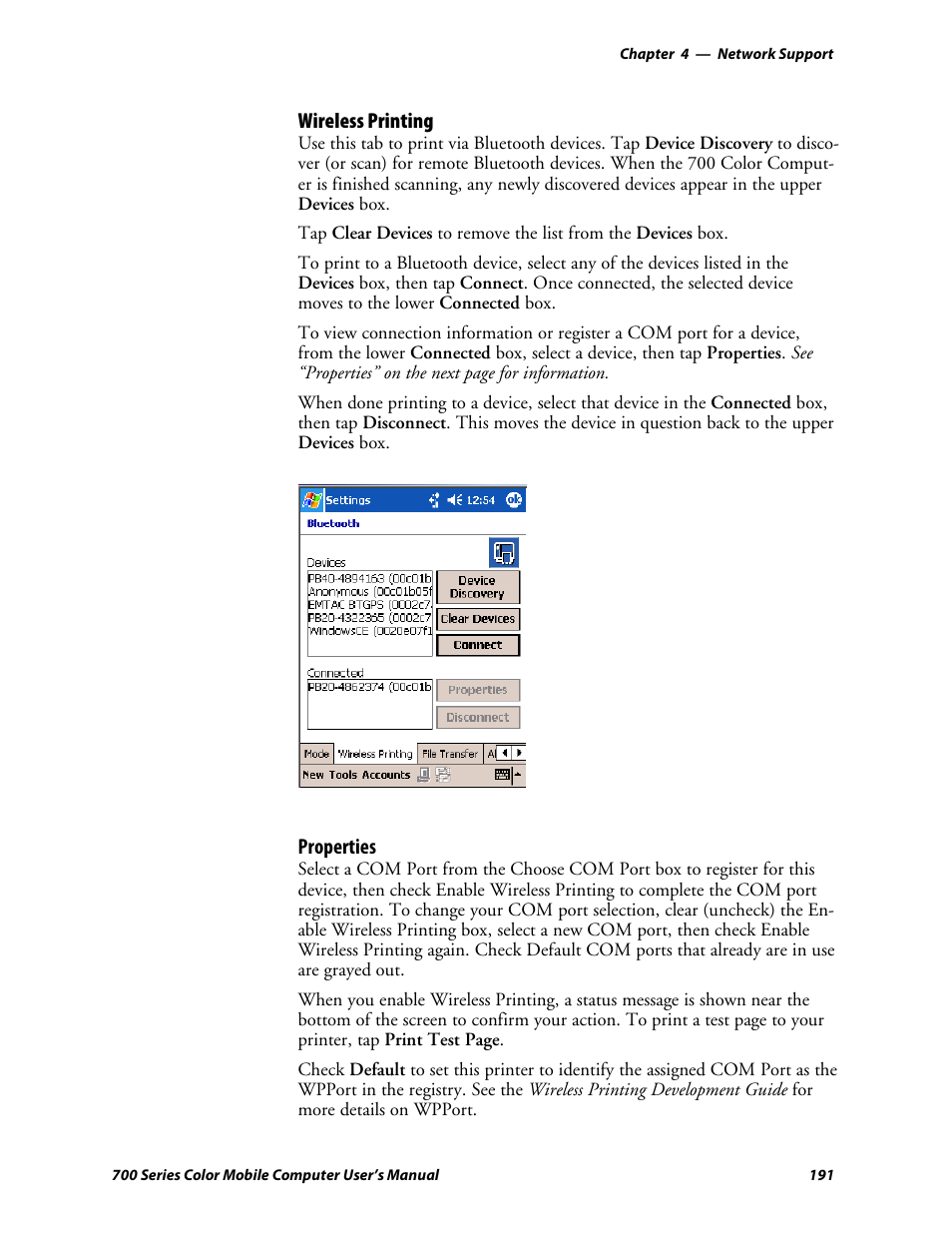 Wireless printing, Properties | Intermec 700 User Manual | Page 215 / 452