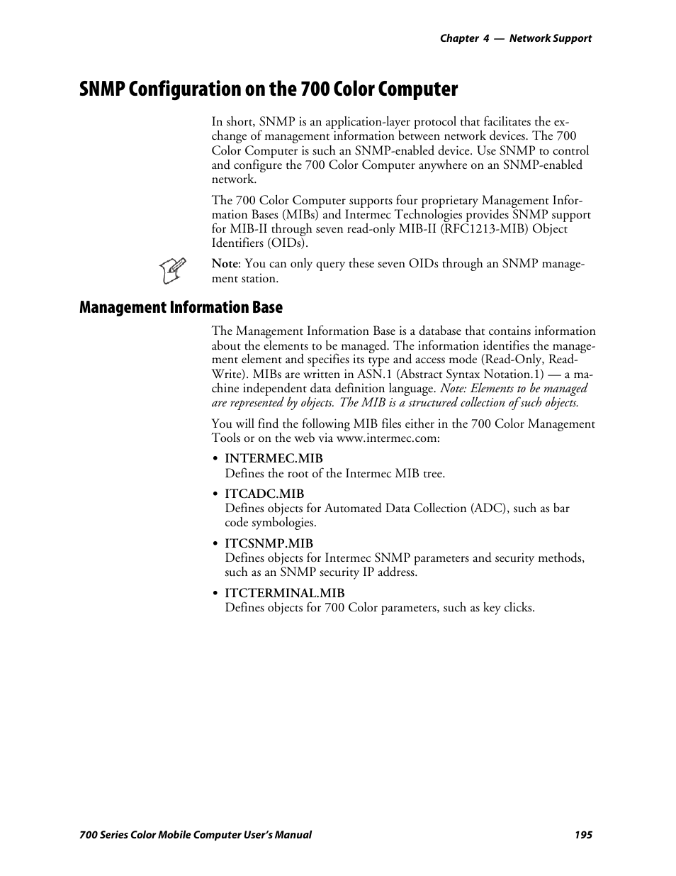 Snmp configuration on the 700 color computer, Management information base | Intermec 700 User Manual | Page 219 / 452