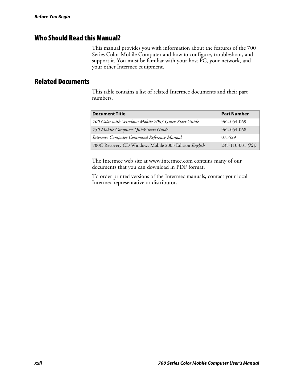 Who should read this manual, Related documents | Intermec 700 User Manual | Page 22 / 452