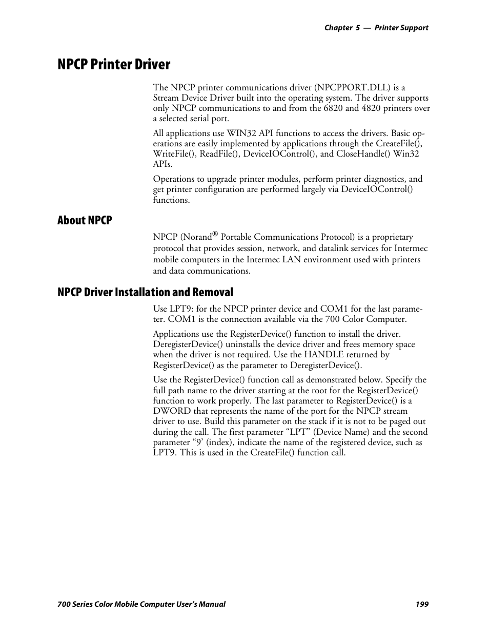 Npcp printer driver, About npcp, Npcp driver installation and removal | Intermec 700 User Manual | Page 223 / 452