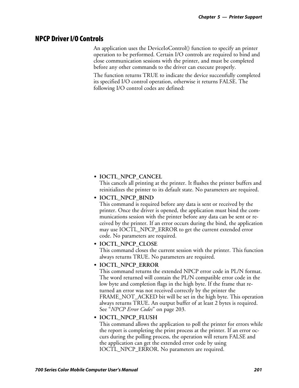 Npcp driver i/o controls | Intermec 700 User Manual | Page 225 / 452
