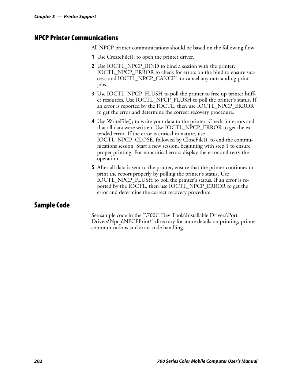 Npcp printer communications, Sample code | Intermec 700 User Manual | Page 226 / 452
