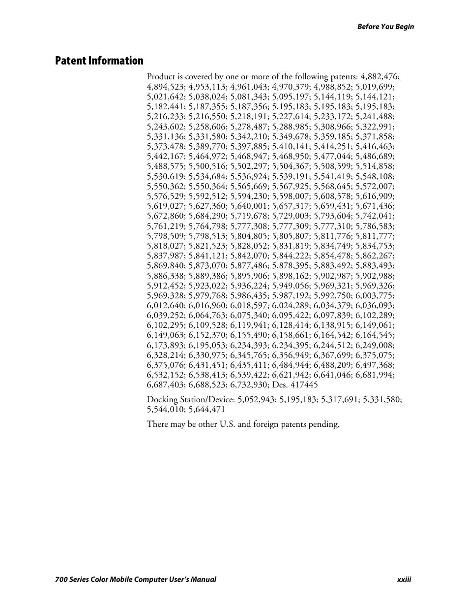 Patent information | Intermec 700 User Manual | Page 23 / 452