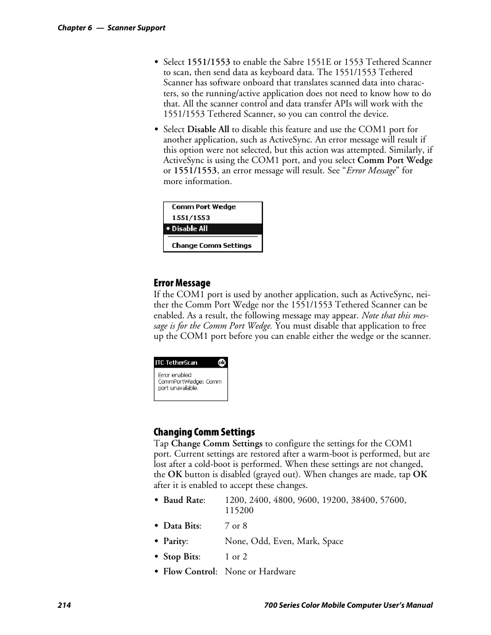 Error message, Changing comm settings | Intermec 700 User Manual | Page 238 / 452