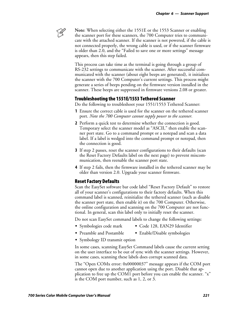Troubleshooting the 1551e/1553 tethered scanner, Reset factory defaults | Intermec 700 User Manual | Page 245 / 452