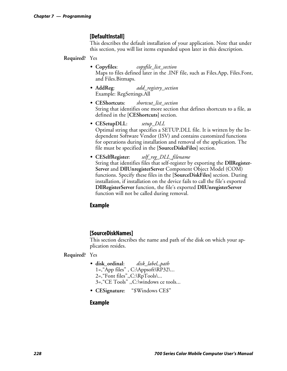 Defaultinstall, Example, Sourcedisknames | Intermec 700 User Manual | Page 252 / 452