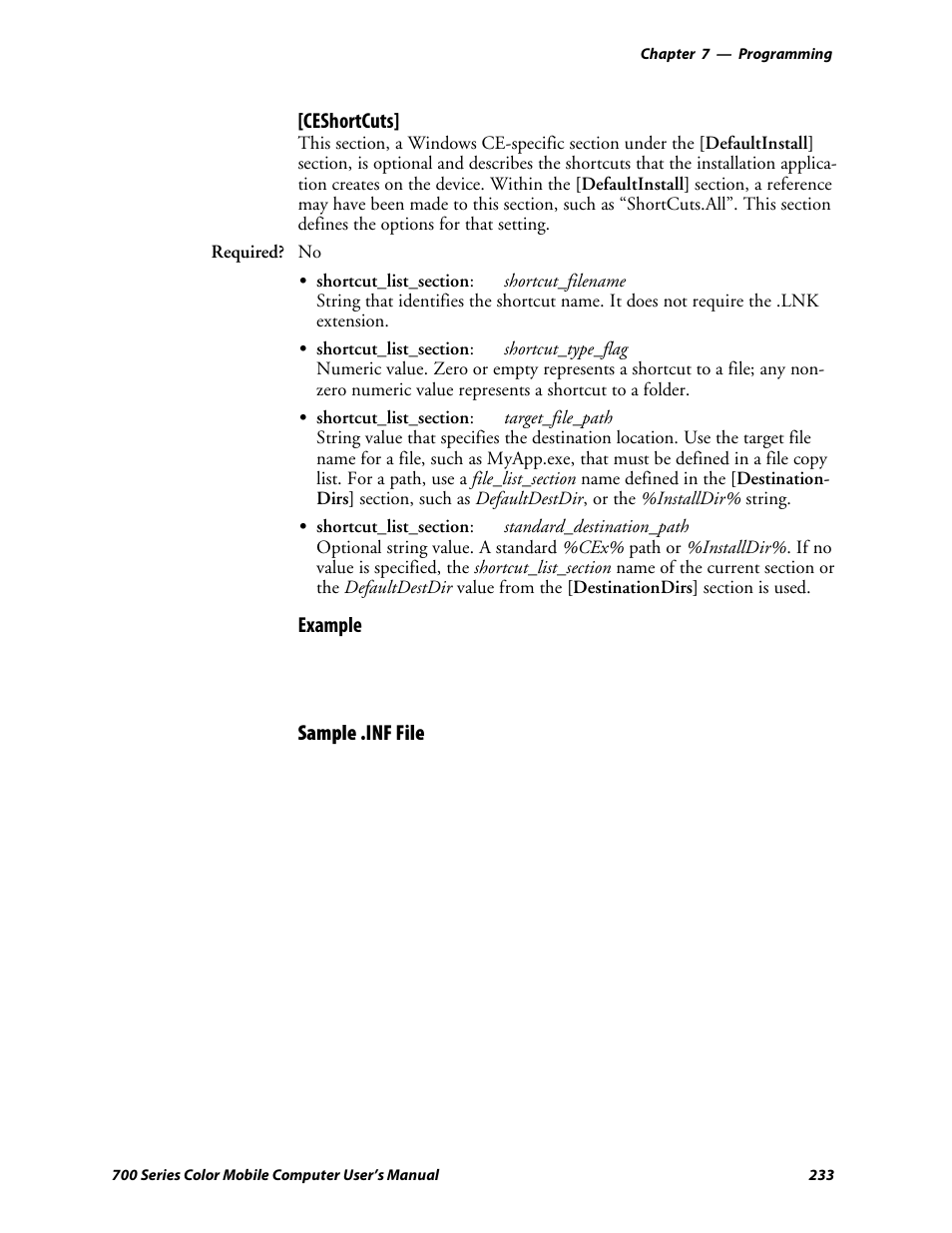 Ceshortcuts, Example, Sample .inf file | Intermec 700 User Manual | Page 257 / 452