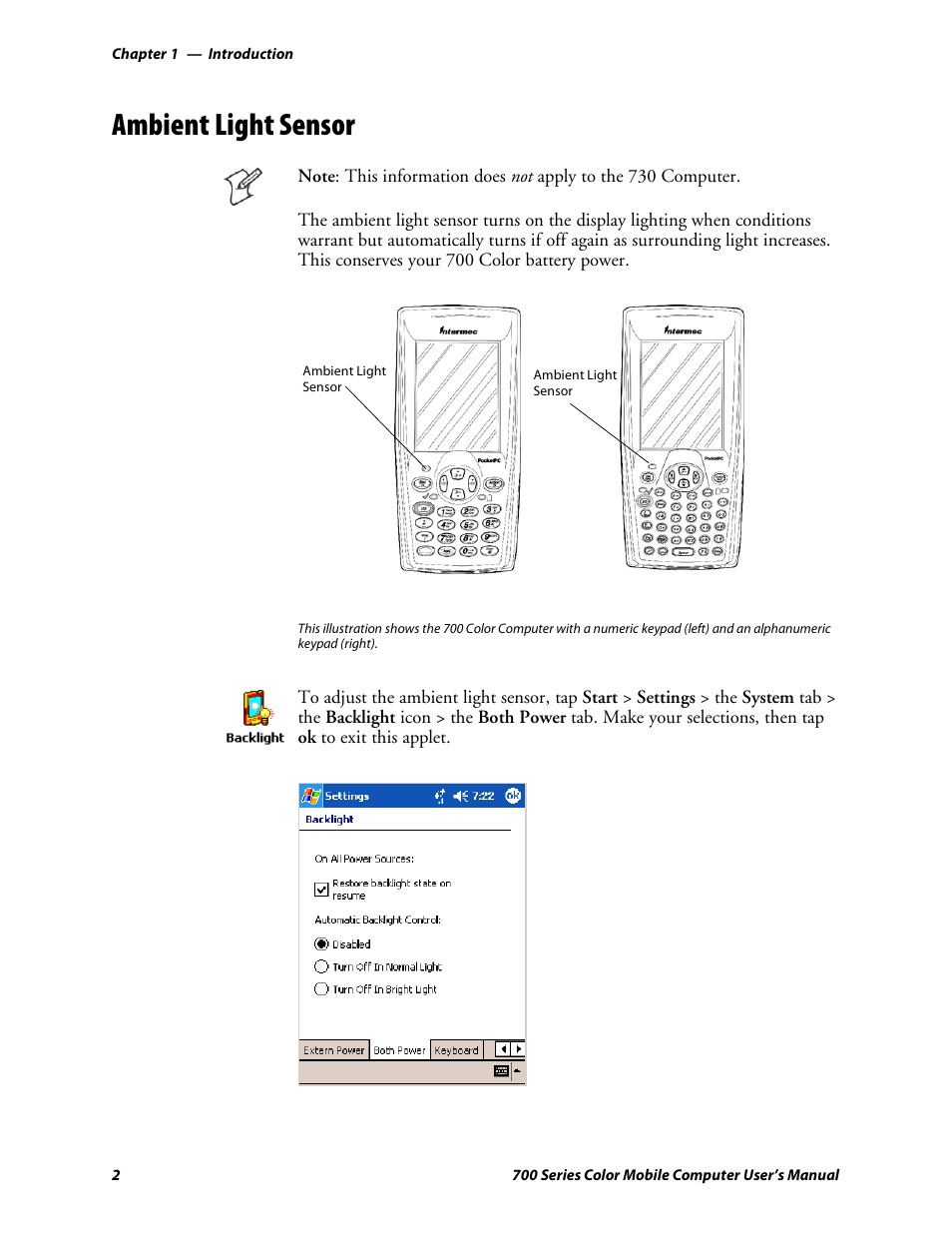 Ambient light sensor | Intermec 700 User Manual | Page 26 / 452