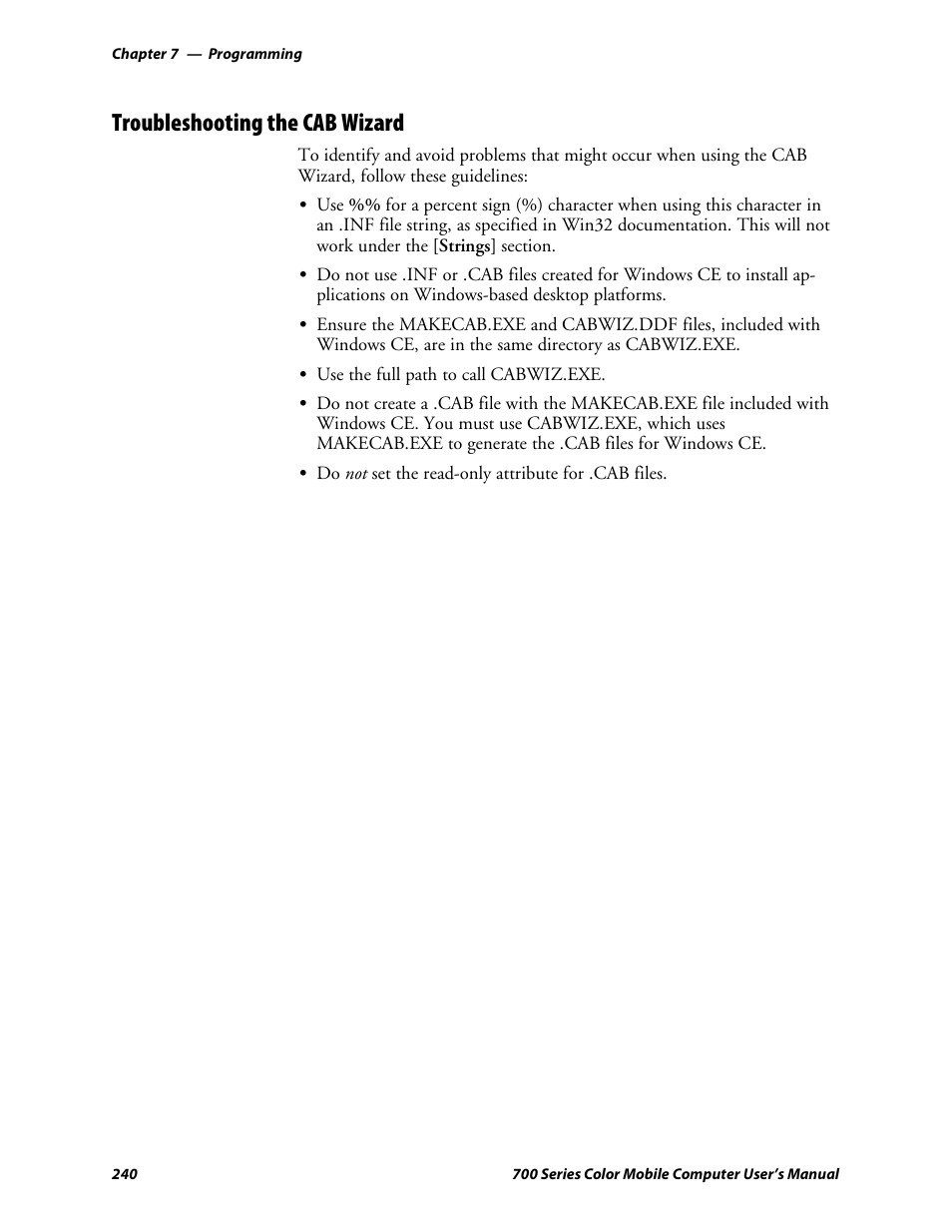 Troubleshooting the cab wizard | Intermec 700 User Manual | Page 264 / 452