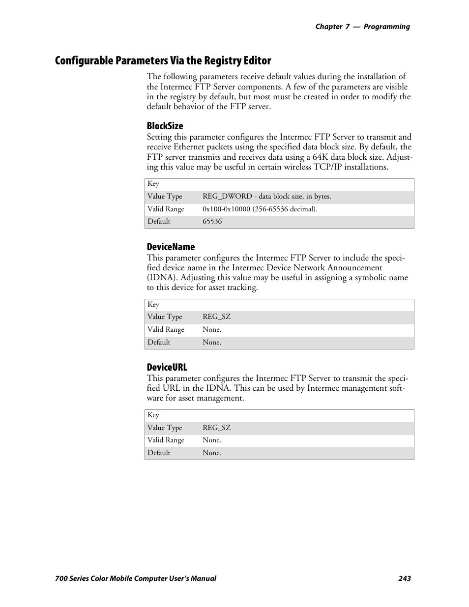 Configurable parameters via the registry editor, Blocksize, Devicename | Deviceurl | Intermec 700 User Manual | Page 267 / 452