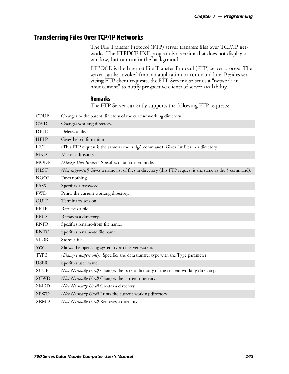Transferring files over tcp/ip networks, Remarks | Intermec 700 User Manual | Page 269 / 452