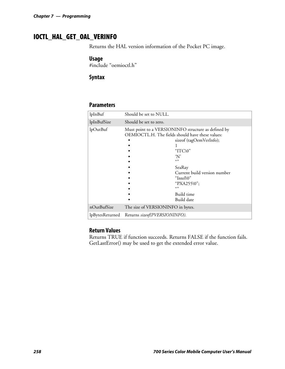 Ioctl_hal_get_oal_verinfo, Usage, Syntax | Parameters, Return values | Intermec 700 User Manual | Page 282 / 452