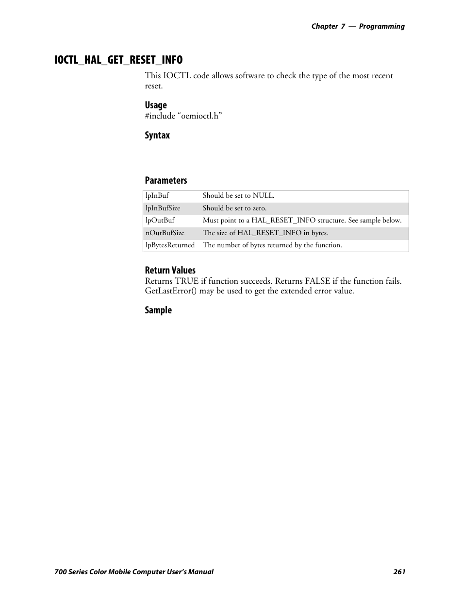 Ioctl_hal_get_reset_info, Usage, Syntax | Parameters, Return values, Sample | Intermec 700 User Manual | Page 285 / 452
