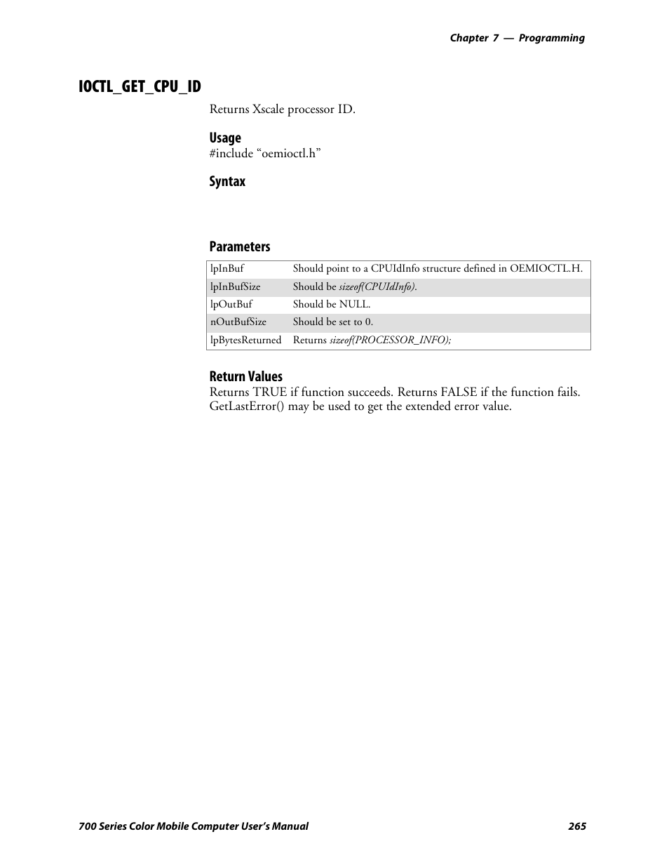 Ioctl_get_cpu_id, Usage, Syntax | Parameters, Return values | Intermec 700 User Manual | Page 289 / 452