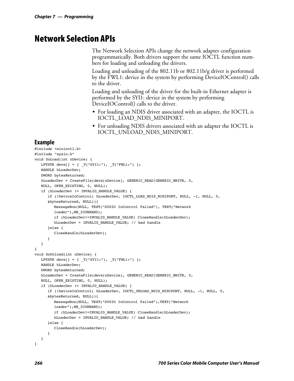 Network selection apis, Example | Intermec 700 User Manual | Page 290 / 452