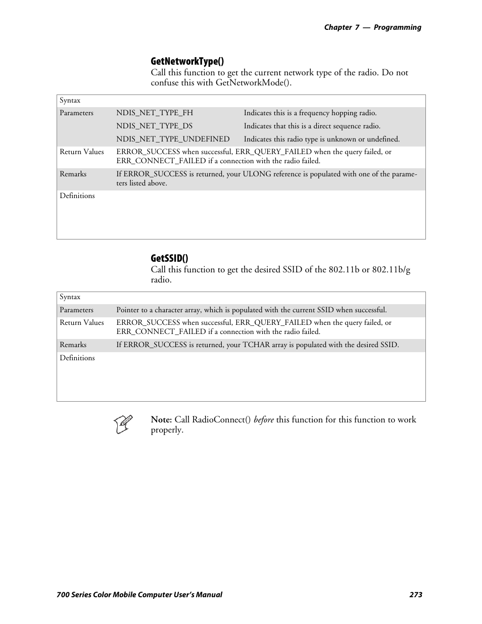 Getnetworktype(), Getssid() | Intermec 700 User Manual | Page 297 / 452