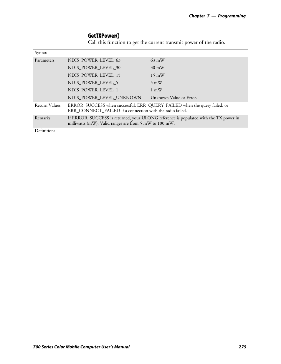 Gettxpower() | Intermec 700 User Manual | Page 299 / 452