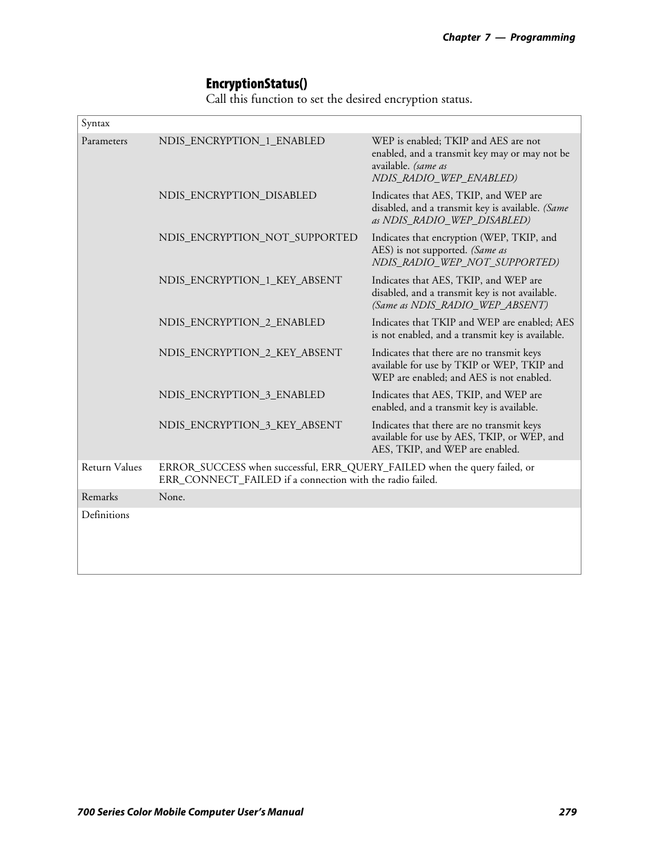 Encryptionstatus() | Intermec 700 User Manual | Page 303 / 452