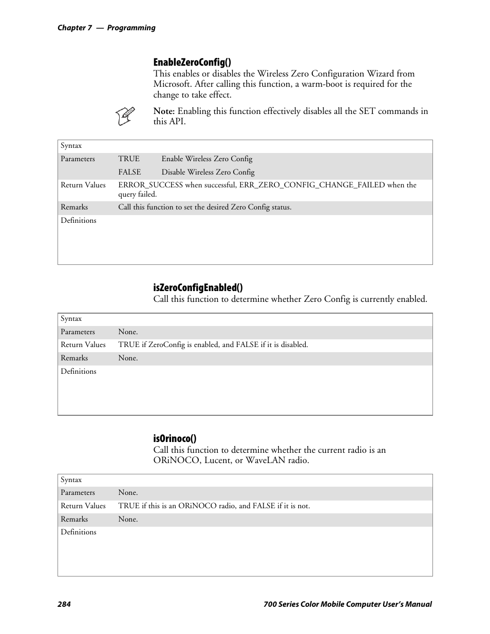 Enablezeroconfig(), Iszeroconfigenabled(), Isorinoco() | Intermec 700 User Manual | Page 308 / 452