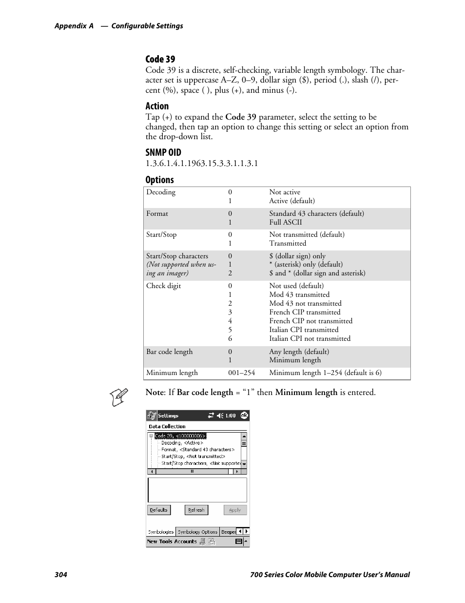 Code 39, Action, Snmp oid | Options | Intermec 700 User Manual | Page 328 / 452